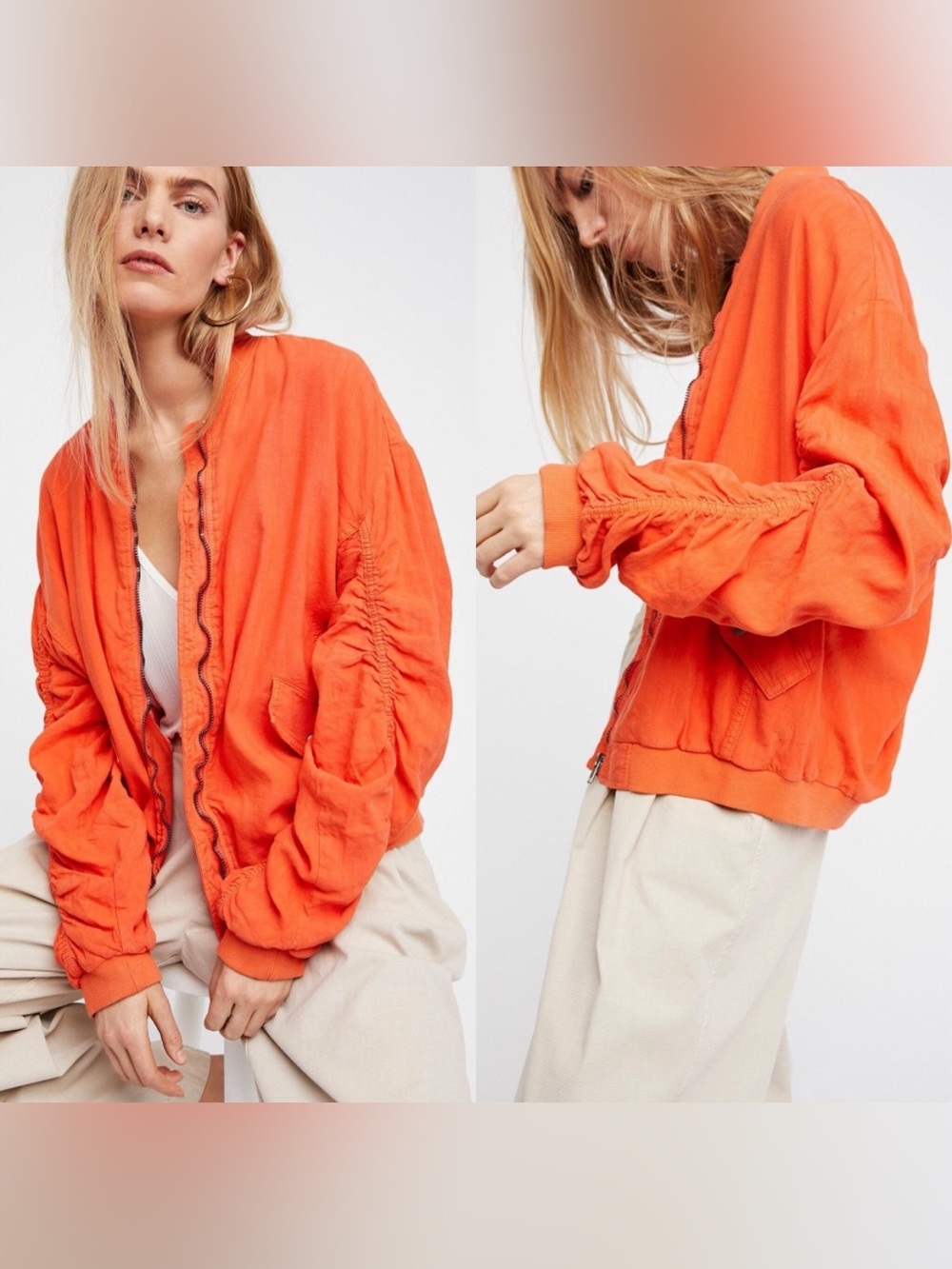 Free People Orange Ruched-Sleeve Bomber Jacket